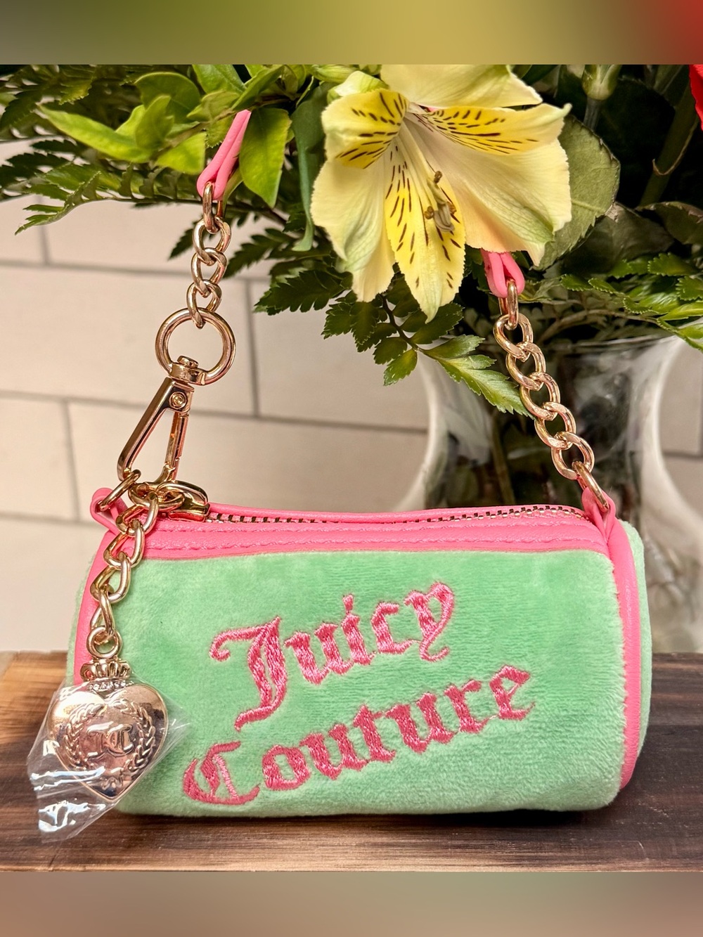 NEW Juicy Couture Mint Green Plush Mini Bag or Bag Charm-Pink Trim & Gold Chain